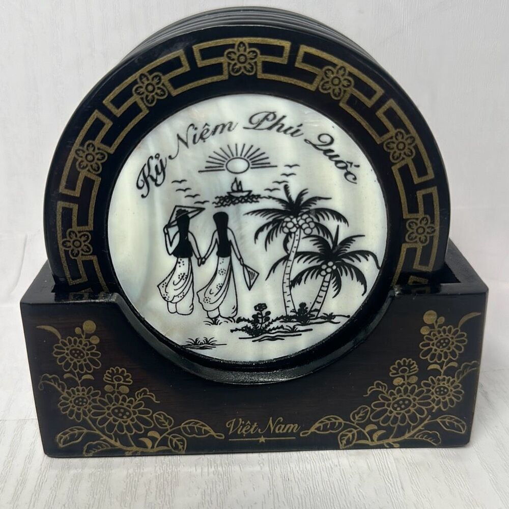 Vietnam‎ Asian Art Set Of 6 Vietnamese Coasters Mother Of Pearl Inset Vintage